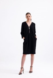 Black Vneck Midi Dress with Front Zip Code