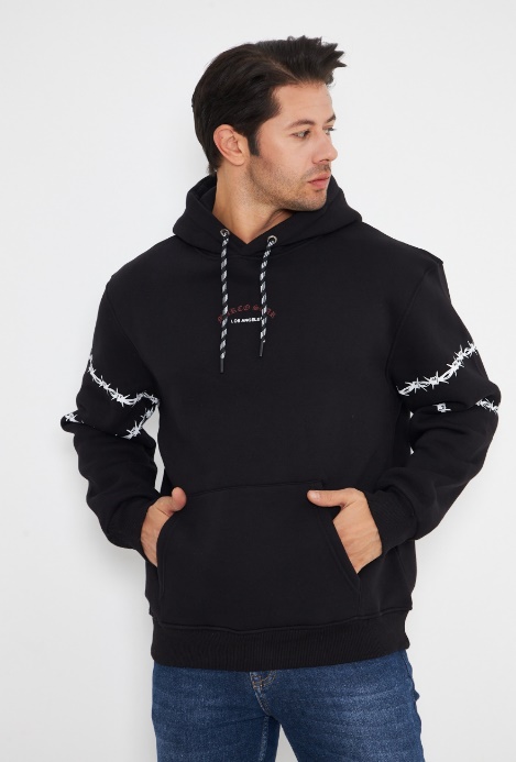 Black Men's Hoodie  with Decorative white Trimming