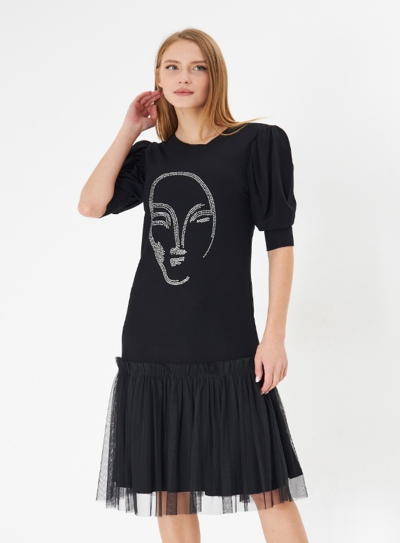 TÜLLE TİERED PUFF SLEEVE FASHION MİDİ DRESS