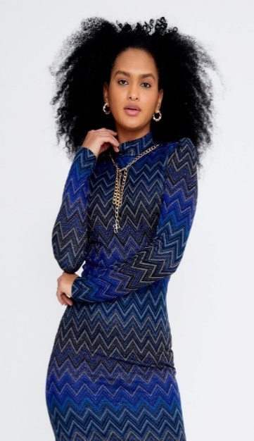 Shirring  Blue ZigZag Design Mini Dress