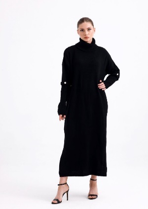 Long Maxi Black Coat Long Wool  and Mixture Overcoat