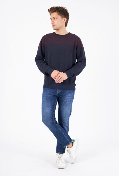 Round Neck Long Sleeve Woven Sweater Navy-Burgundy