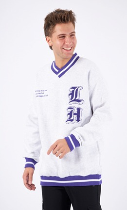 V Neck Embroidery Long   Sleeve Grey Sweater