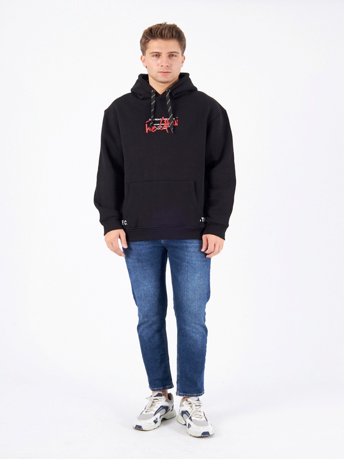 Reactive  Print Cangoro Pocket Black Hoodie