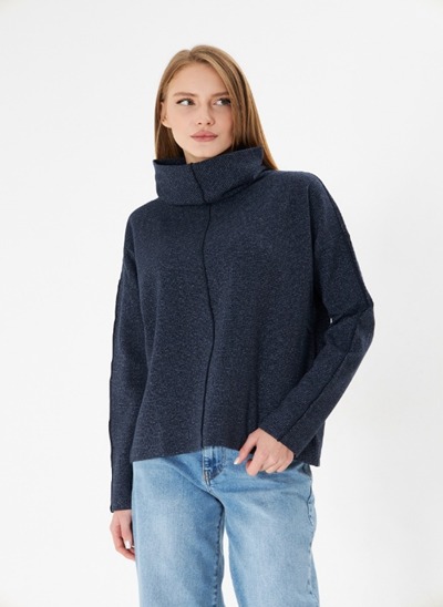 Navy Roll On Neck Long Sleeve Oversize Top