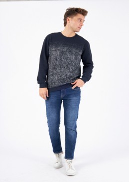 Round Neck Long Sleeve Woven Sweat Navy-white